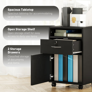 24" Small Filing Cabinet with Open Compartment, Drawer and Wheels, Home Office Storage Cabinet, Black