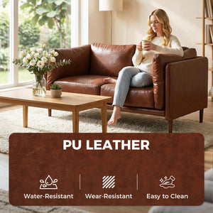 59" Loveseat Sofa, PU Leather 2 Seater Sofa with Wide Seat, High-Density Foam, Thick Cushion, Wood Legs, Brown