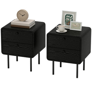 Modern Bedside Tables Set of 2, 2 Pieces Nightstands with 2 Storage Drawers and Steel Legs for Bedroom, Black Wood Grain