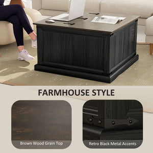 Lift Top Coffee Table with Charging Station, Square Farmhouse Center Table with Hidden Storage, Black Wood Grain