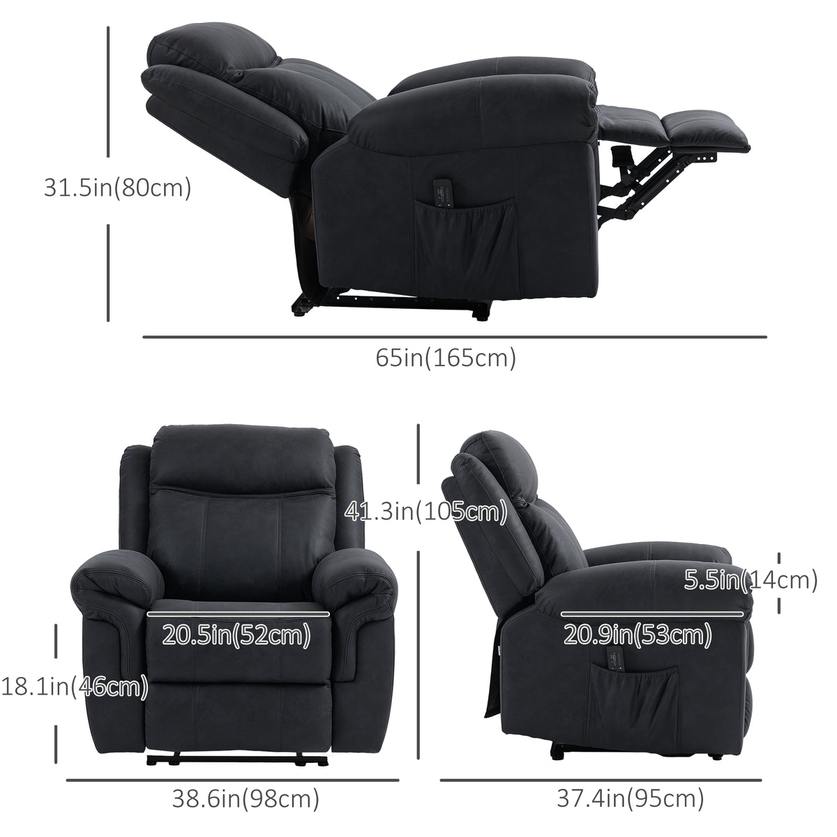 Manual Recliner Chair with Vibration Massage, Side Pockets, Microfibre Reclining Chair for Living Room, Black