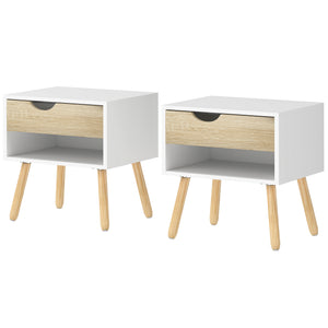 Set of 2 Bedside Table with Drawer and Shelf, Modern Nightstand with Wooden Legs, End Table for Bedroom, White
