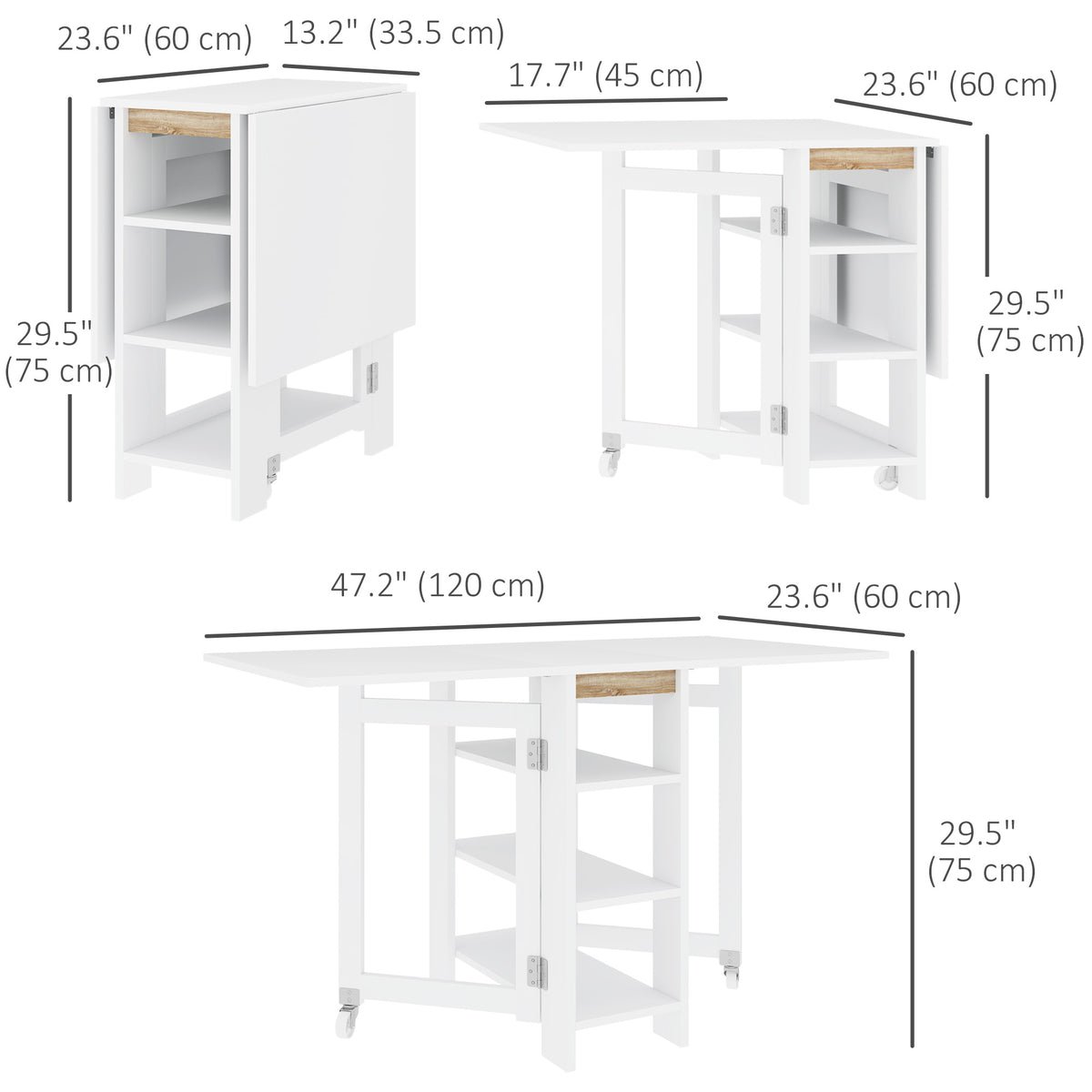 Folding Dining Table with Storage, Drop Leaf Kitchen Table for Small Spaces, White