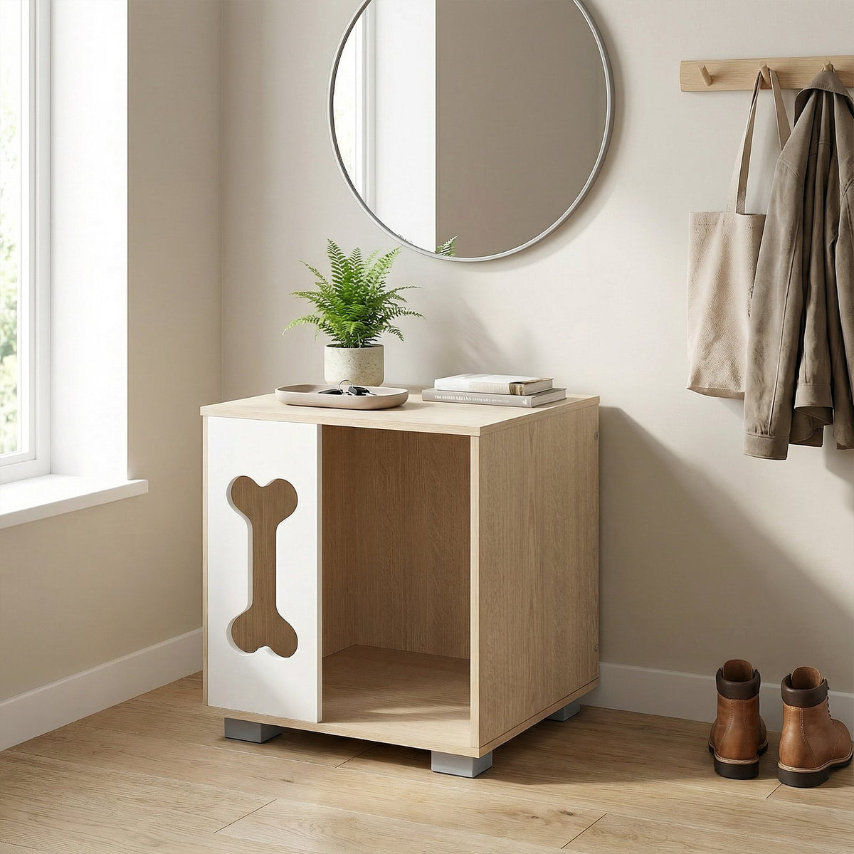 Cat Bed Side Table Wooden Cat Condo with Bone-shape Window and Thick Metal Legs-Natural view 2