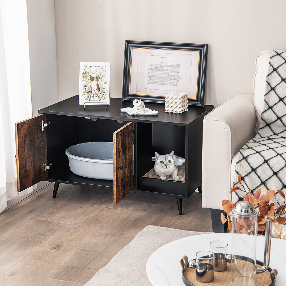 Cat Litter Box Enclosure with Double Door Cabinet view 2