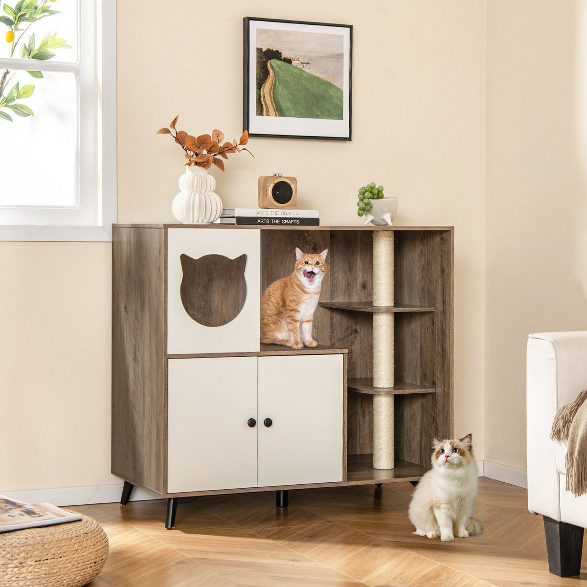 Cat Litter Box Enclosure with 3 Sisal Scratching Posts for Indoor Cats-Natural view 2