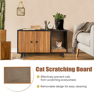 Cat Litter Box Enclosure with Divider and Double Doors-Brown view 6