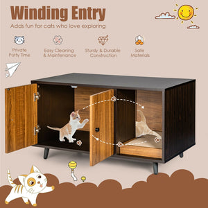 Cat Litter Box Enclosure with Divider and Double Doors-Brown view 7