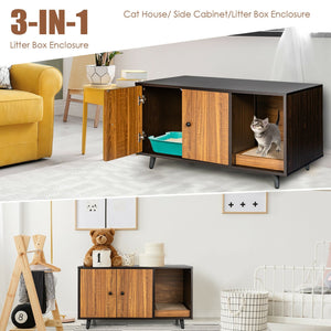 Cat Litter Box Enclosure with Divider and Double Doors-Brown view 9