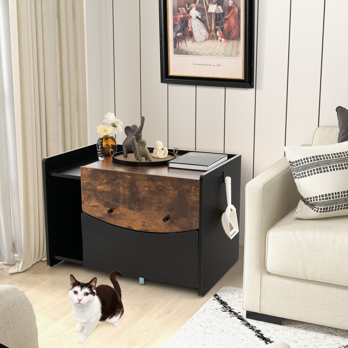 Cat Litter Box Enclosure with Pull-out Drawer-Black view 2
