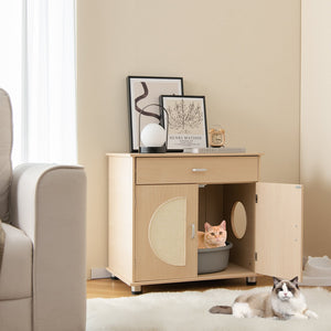 Cat Litter Box Enclosure with Sisal Scratching Doors and Storage-Natural view 2