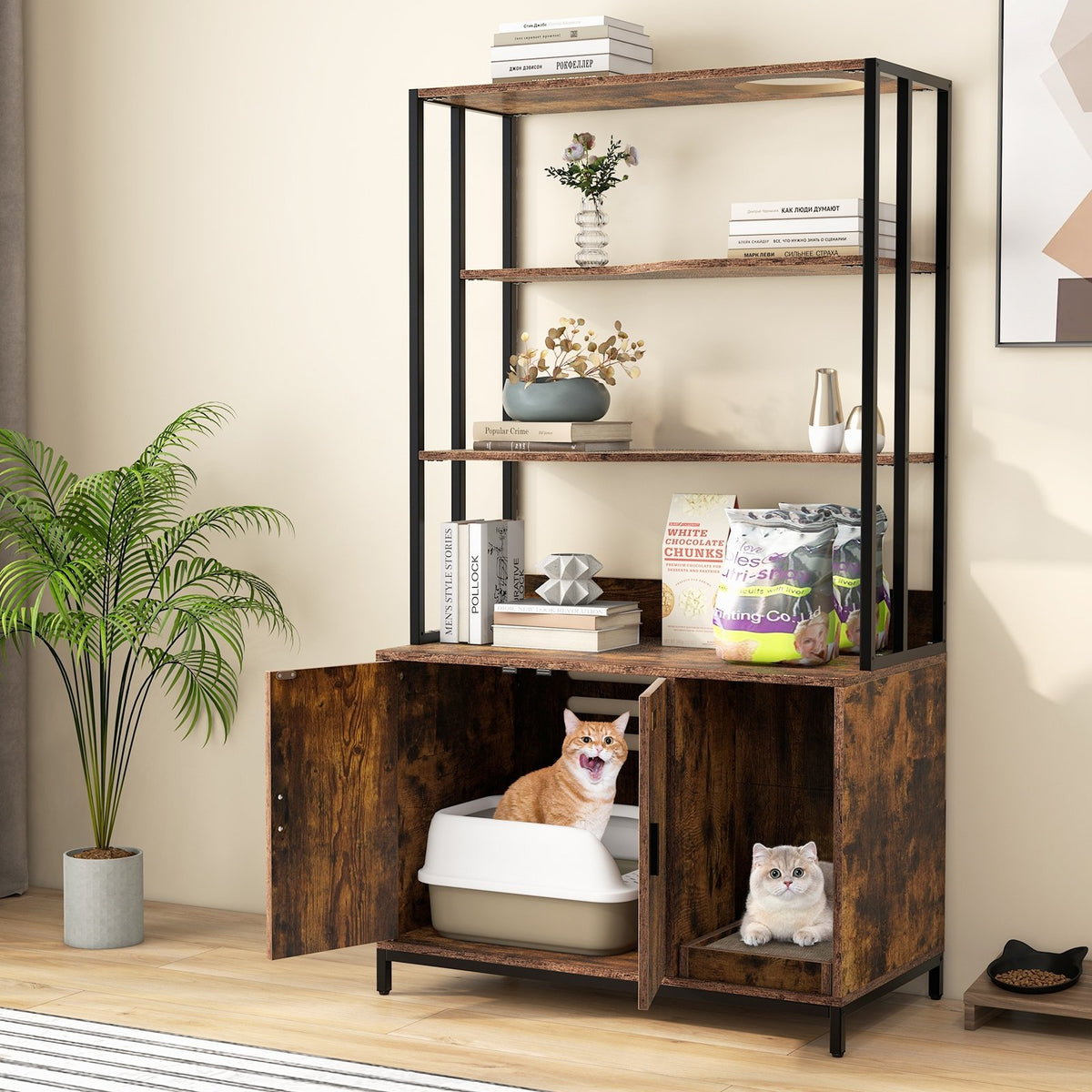 Cat Litter Box Enclosure with Storage and 3-tier Shelves-Rustic Brown view 2