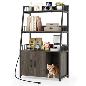 Cat Litter Box Enclosure with Storage Shelves and Scratching Pad-Gray