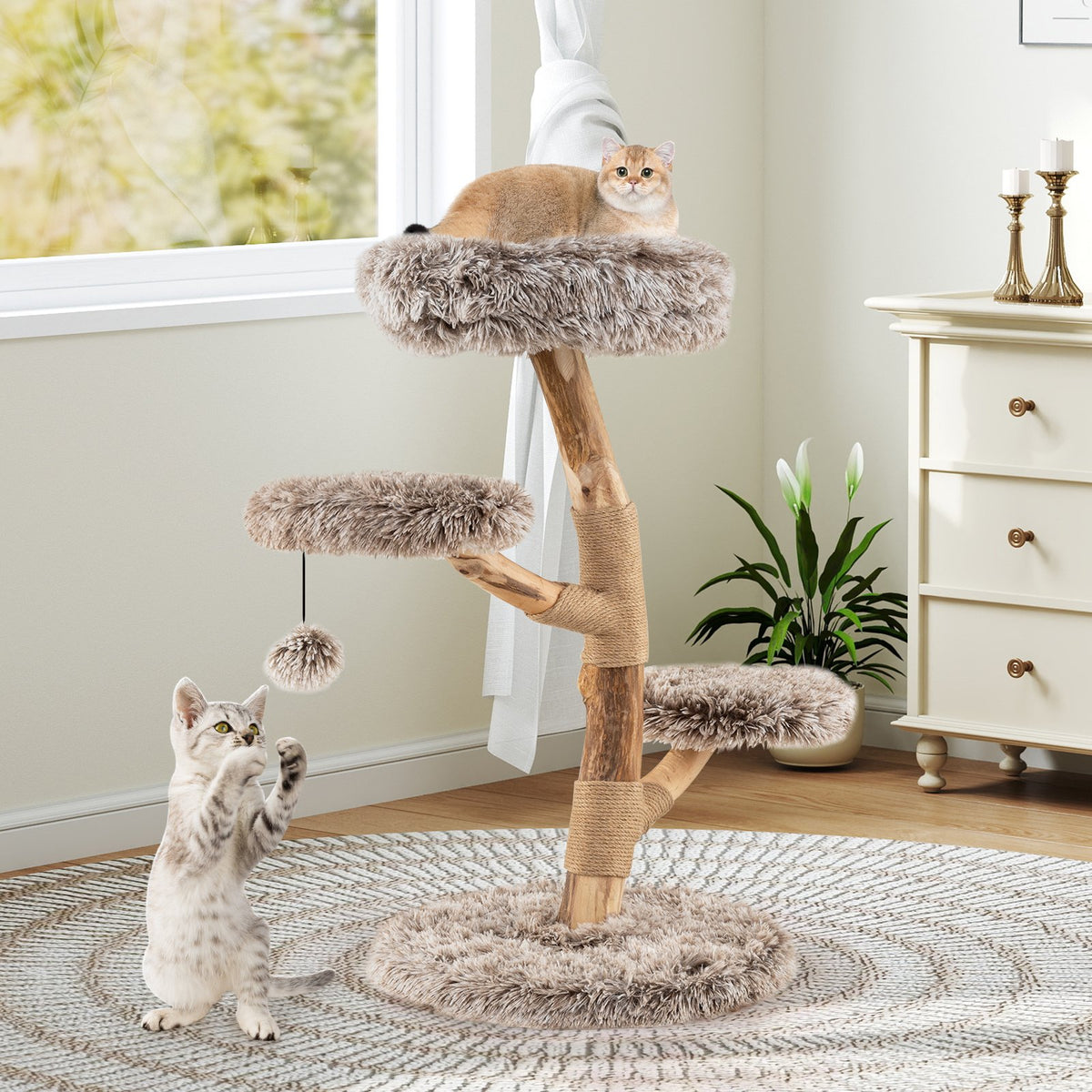 Cat Tree Solid Pear Wood with Perch and Natural Jute Scratching Posts-Brown view 2