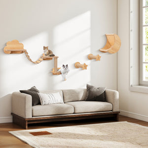 Cat Wall Furniture Set Kitten Wall Mounted Shelves with Hammock-Natural view 2