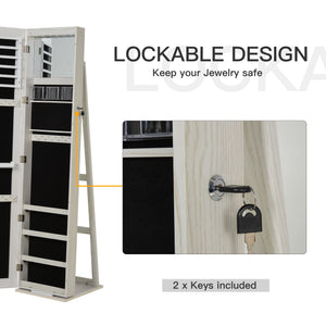 Mirror Jewelry Cabinet Armoire, Lockable Jewelry Organizer with Full-Length Mirror, LED Lights, Standing Jewelry Armoire in White Wood