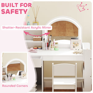Qaba Kids Vanity Set, Toddler Dressing Table and Chair Set with Lighted Mirror, Cabinet, Drawer and Shelves