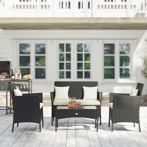 4-Piece Rattan Outdoor Furniture Set Patio Furniture Set with Coffee Table 22.8" W x 21.7" D x 33.5" H Black & Cream