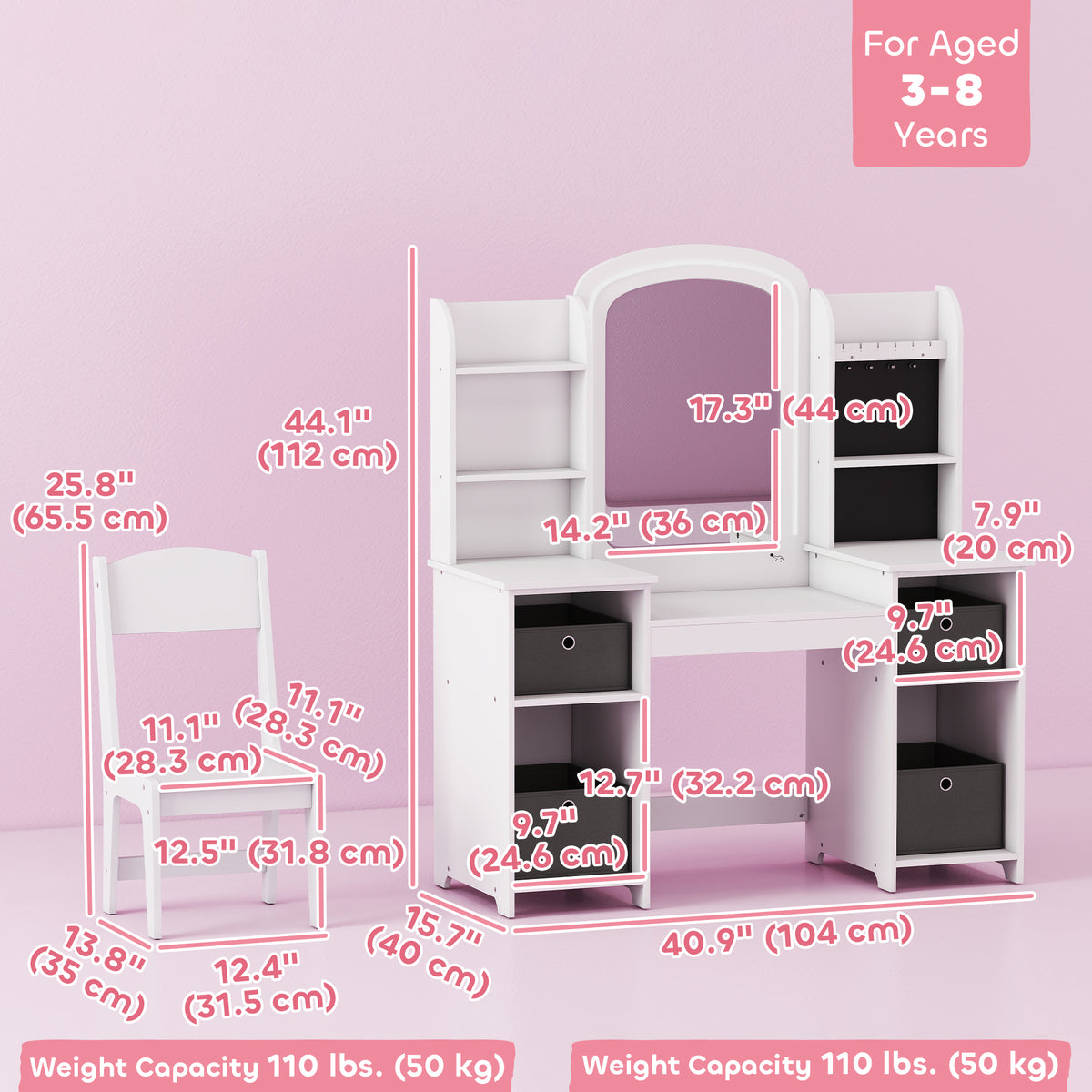 Qaba Kids Vanity Table and Chair, Toddler Dressing Table and Chair Set with Lighted Mirror for Little Girls, White