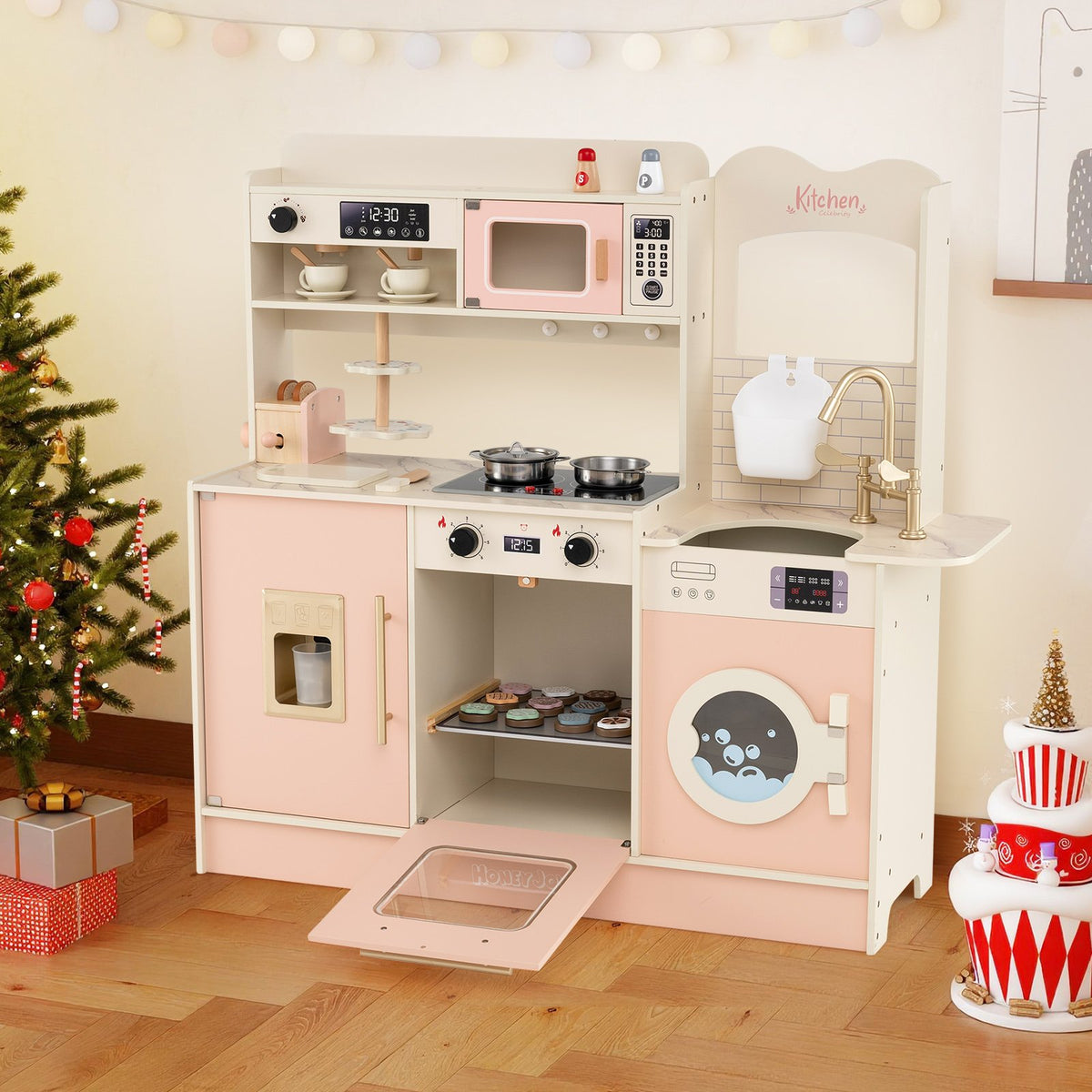 Children Pretend Toy Kitchen Playset with Light and Sound-Pink view 2
