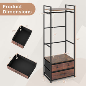 Clothes Rack with Drawers and Shelves with Side Hooks and Metal Frame-Rustic Brown view 5