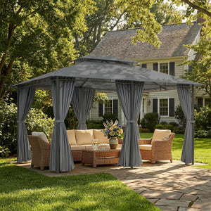 13'L x 10'W x 8.7'H Patio Gazebo Outdoor 2-Tiers Garden Canopy Yard Sunshade Shelter with Curtains, Grey
