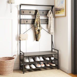 Coat Rack 4-In-1 Hall Tree with 11 Hanging Hooks Shoe Bench-Gray view 2