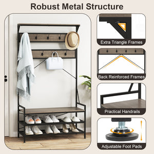 Coat Rack 4-In-1 Hall Tree with 11 Hanging Hooks Shoe Bench-Gray view 9