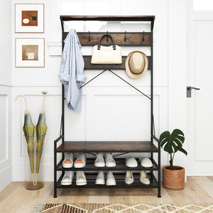Coat Rack 4-In-1 Hall Tree with 11 Hanging Hooks Shoe Bench-Rustic Brown view 3