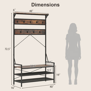 Coat Rack 4-In-1 Hall Tree with 11 Hanging Hooks Shoe Bench-Rustic Brown view 5