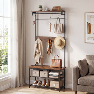 Coat Rack 4-In-1 Hall Tree with Shoe Bench and Removable Hooks-Coffee view 3