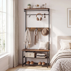 Coat Rack 4-In-1 Hall Tree with Shoe Bench and Removable Hooks-Coffee view 6