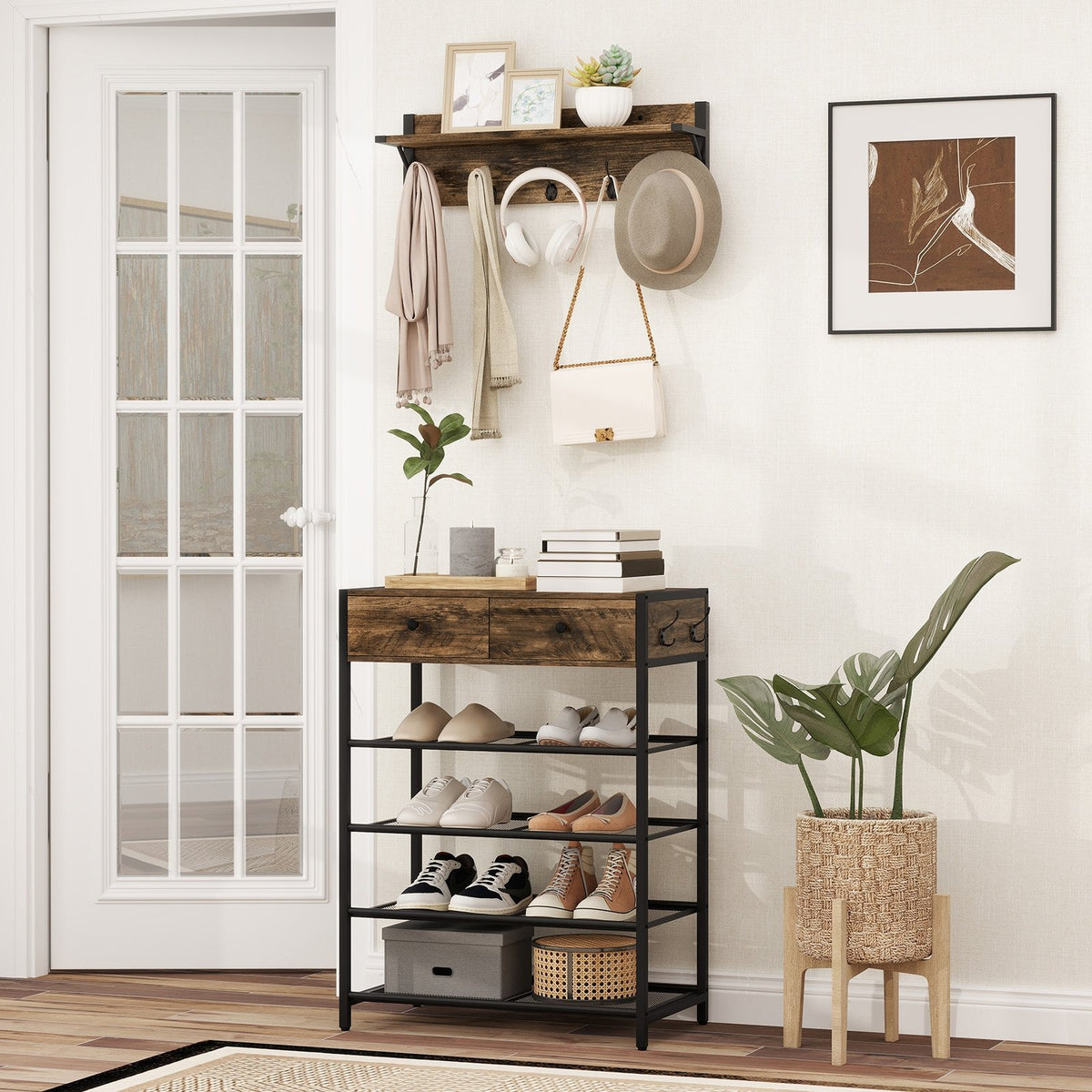 Coat Rack Shoe Stand Set 5-Tier Shoe Rack with Wall-Mounted Coat Hanger-Brown view 2