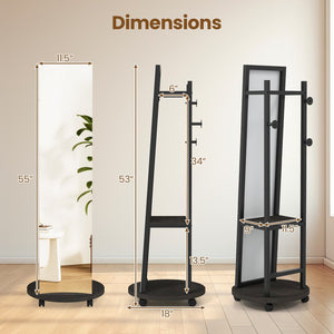 Coat Rack with Full Length Mirror Freestanding Coat Tree with 3 Hooks-Walnut view 4