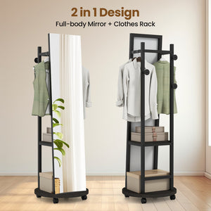 Coat Rack with Full Length Mirror Freestanding Coat Tree with 3 Hooks-Walnut view 7