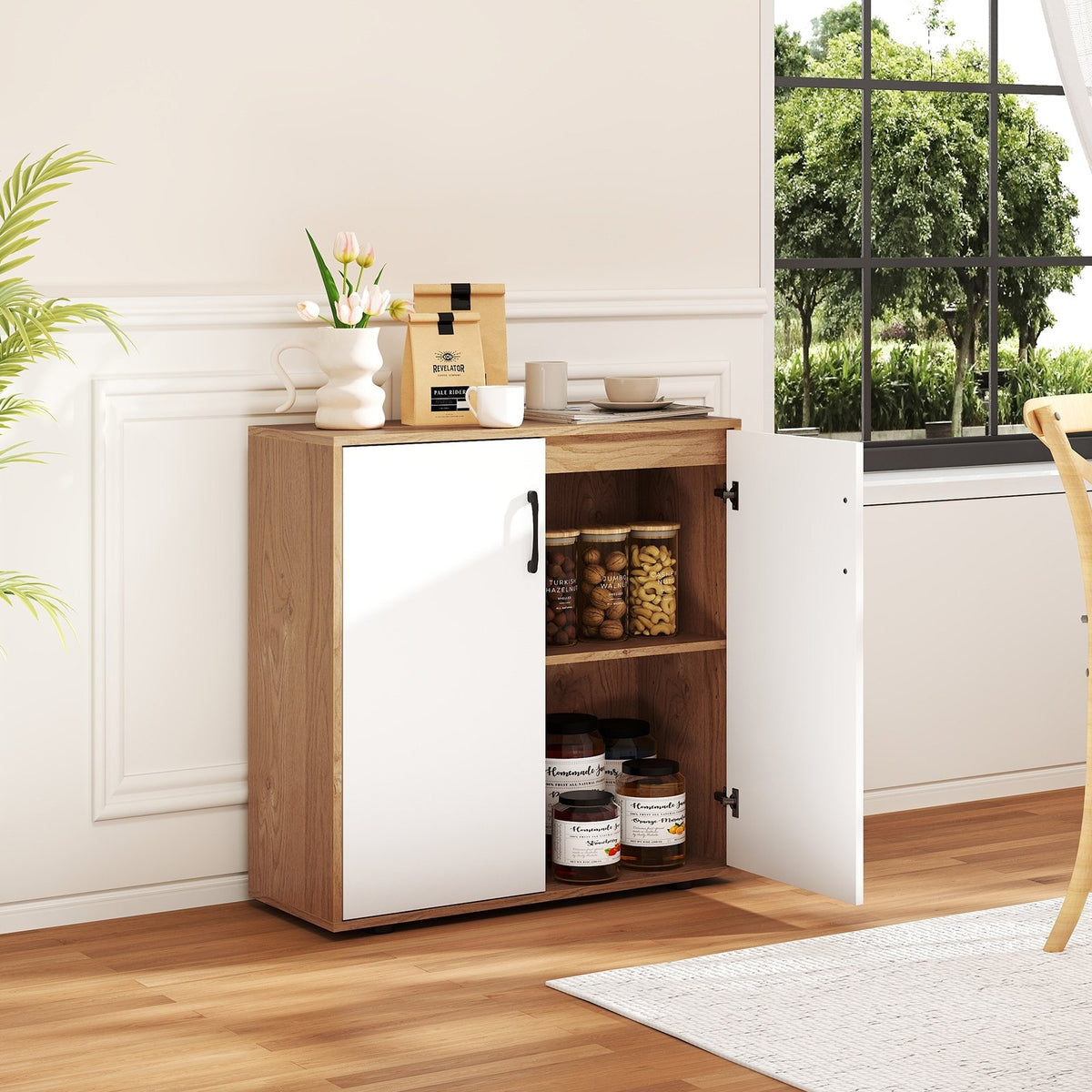 Coffee Bar Cabinet with 5-Position Adjustable Shelf for Living Room Dining Room-Natural view 2