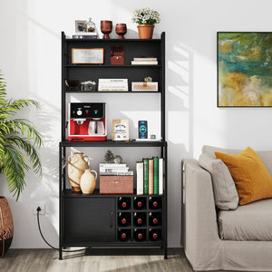 Coffee Bar Cabinet with S-Shaped Hooks and Wine Bottle Holders-Black view 7