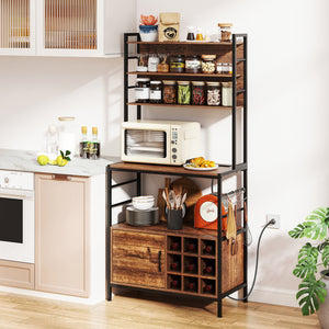 Coffee Bar Cabinet with S-Shaped Hooks and Wine Bottle Holders-Rustic Brown view 2