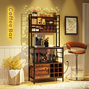 Coffee Bar Cabinet with S-Shaped Hooks and Wine Bottle Holders-Rustic Brown view 3