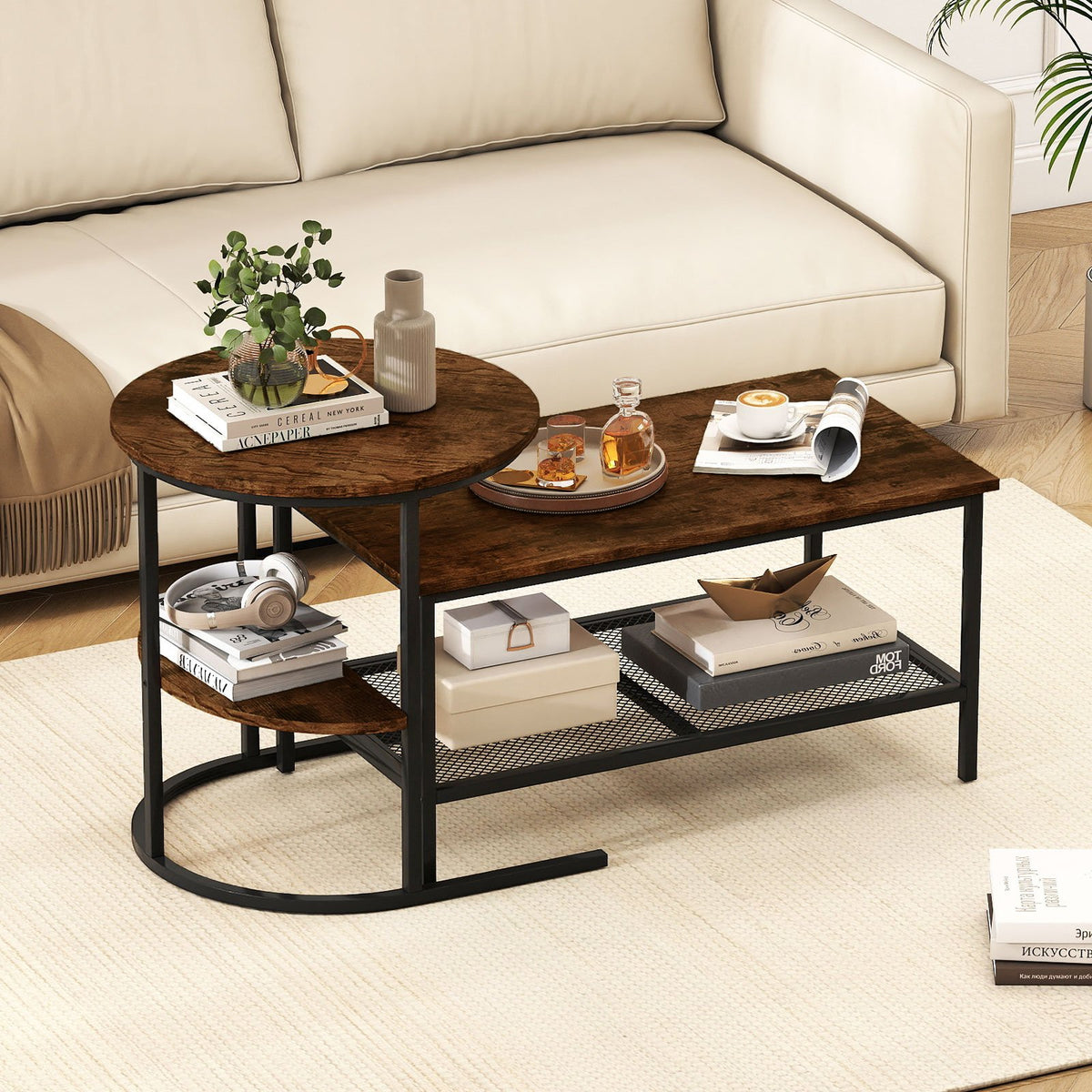 Coffee Table 2-Tier Rectangle Coffee Table and Side End Table with Storage Shelves-Rustic Brown view 2