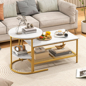 Coffee Table 2-Tier Rectangle Coffee Table and Side End Table with Storage Shelves-White and Golden view 2