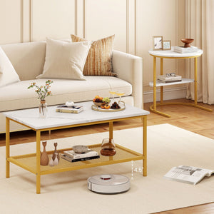 Coffee Table 2-Tier Rectangle Coffee Table and Side End Table with Storage Shelves-White and Golden view 6