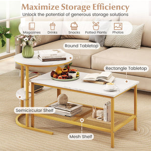 Coffee Table 2-Tier Rectangle Coffee Table and Side End Table with Storage Shelves-White and Golden view 7