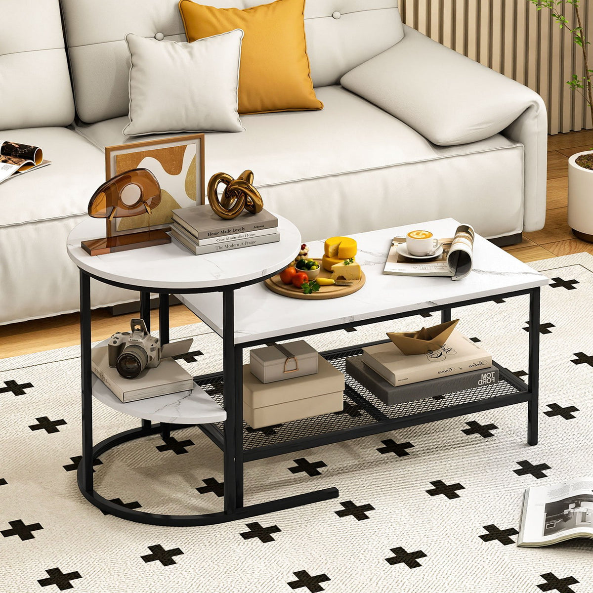 Coffee Table Set of 2 2-Tier Rectangle Coffee Table and Side End Table with Storage Shelves-White view 2