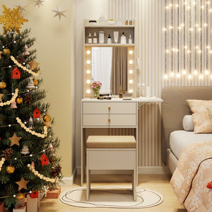 Compact Vanity Desk Set with 3-Color Lighted Mirror and Power Outlets-White view 2