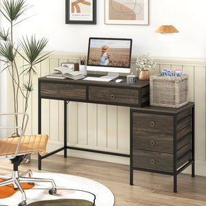 Computer Desk with 5 Drawers Home Office Desk with Side File Cabinet-Grey view 2