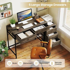 Computer Desk with 5 Drawers Home Office Desk with Side File Cabinet-Grey view 9