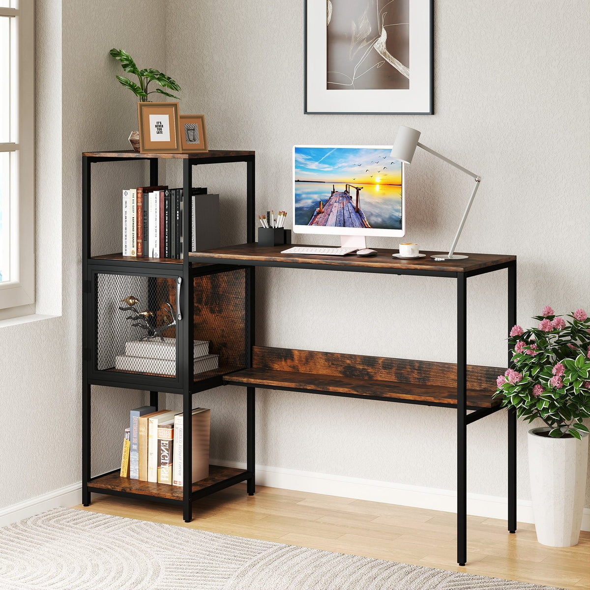 Computer Desk with Bookshelf Home Office Desk with Storage Cabinet and Shelves-Rustic Brown view 2