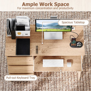 Computer Desk with Power Outlet Keyboard Tray and 3 Large Drawers-Natural view 7