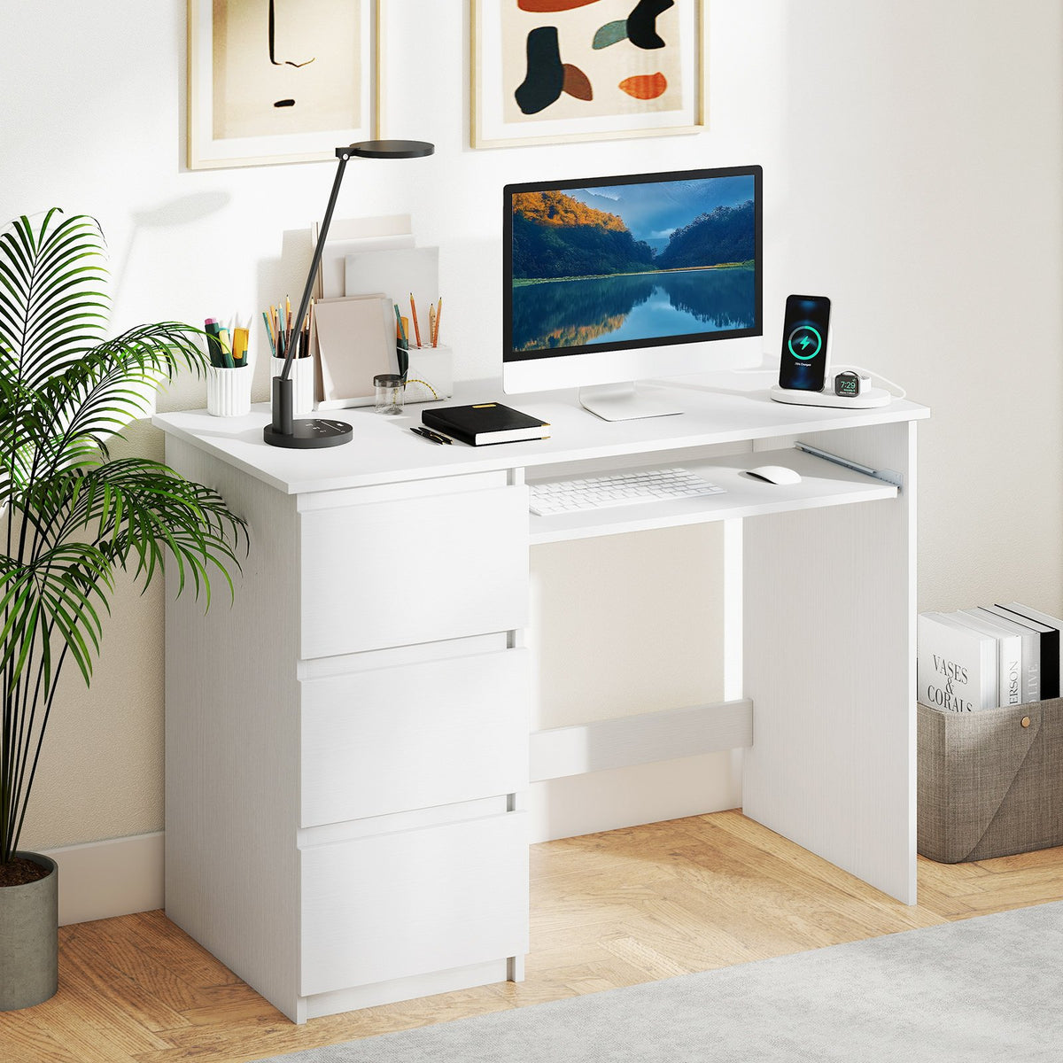 Computer Desk with Power Outlet Keyboard Tray and 3 Large Drawers-White view 2